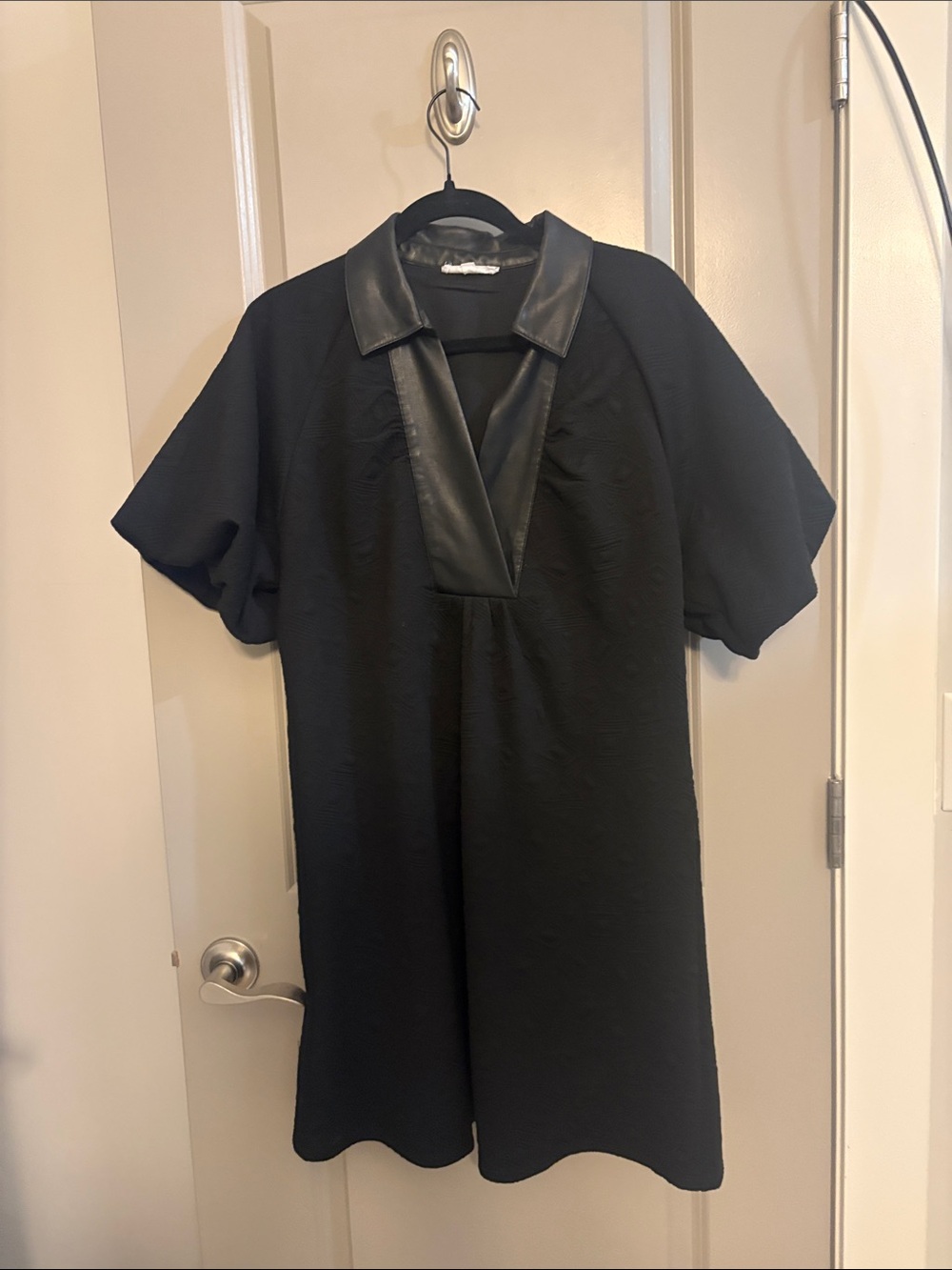 THML Black Short-Sleeve Dress with Faux Leather V-Collar